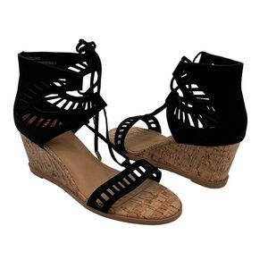 Black Cork Wedge Loraine Leather Lace Up Sandals Size 7 1/2 Women's